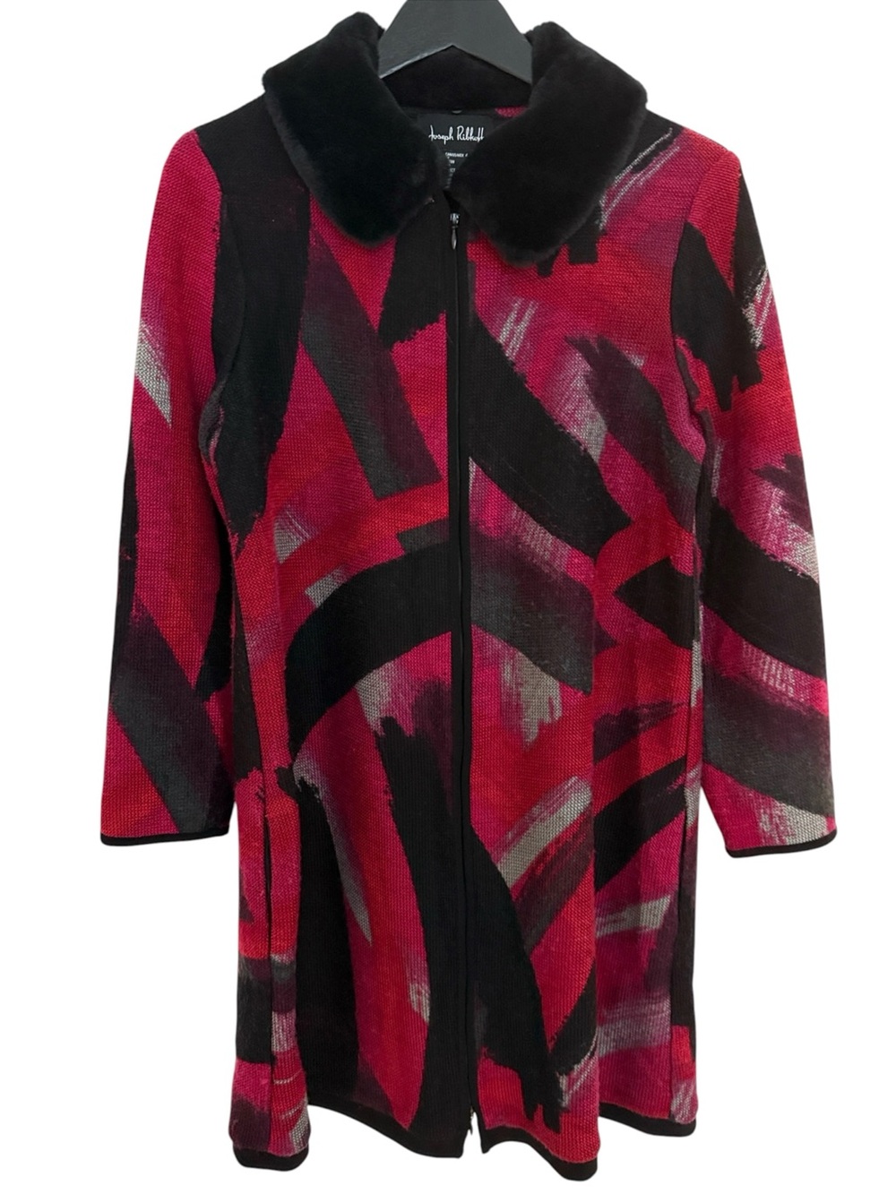 Joseph Ribkoff Abstract Knit Faux Fur Collar Sweater Coat US 4